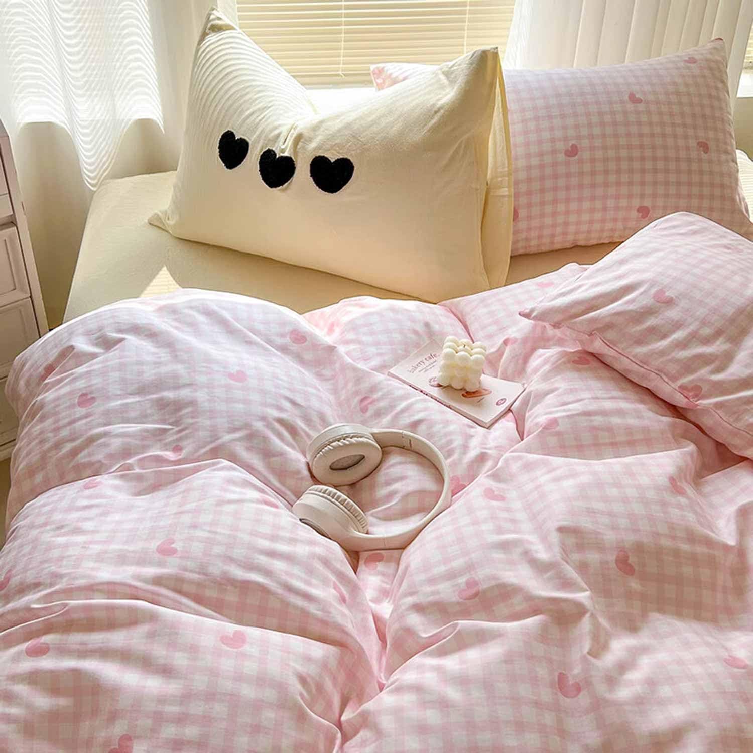 Faincy Pink and White Grid Duvet Cover Queen Size - Love Heart Plaid Buffalo Check Gingham Pattern Microfiber Comforter Cover Set - 3PC 90 X 90 Soft Modern Cottage Preppy Decor Bedding for Women Men