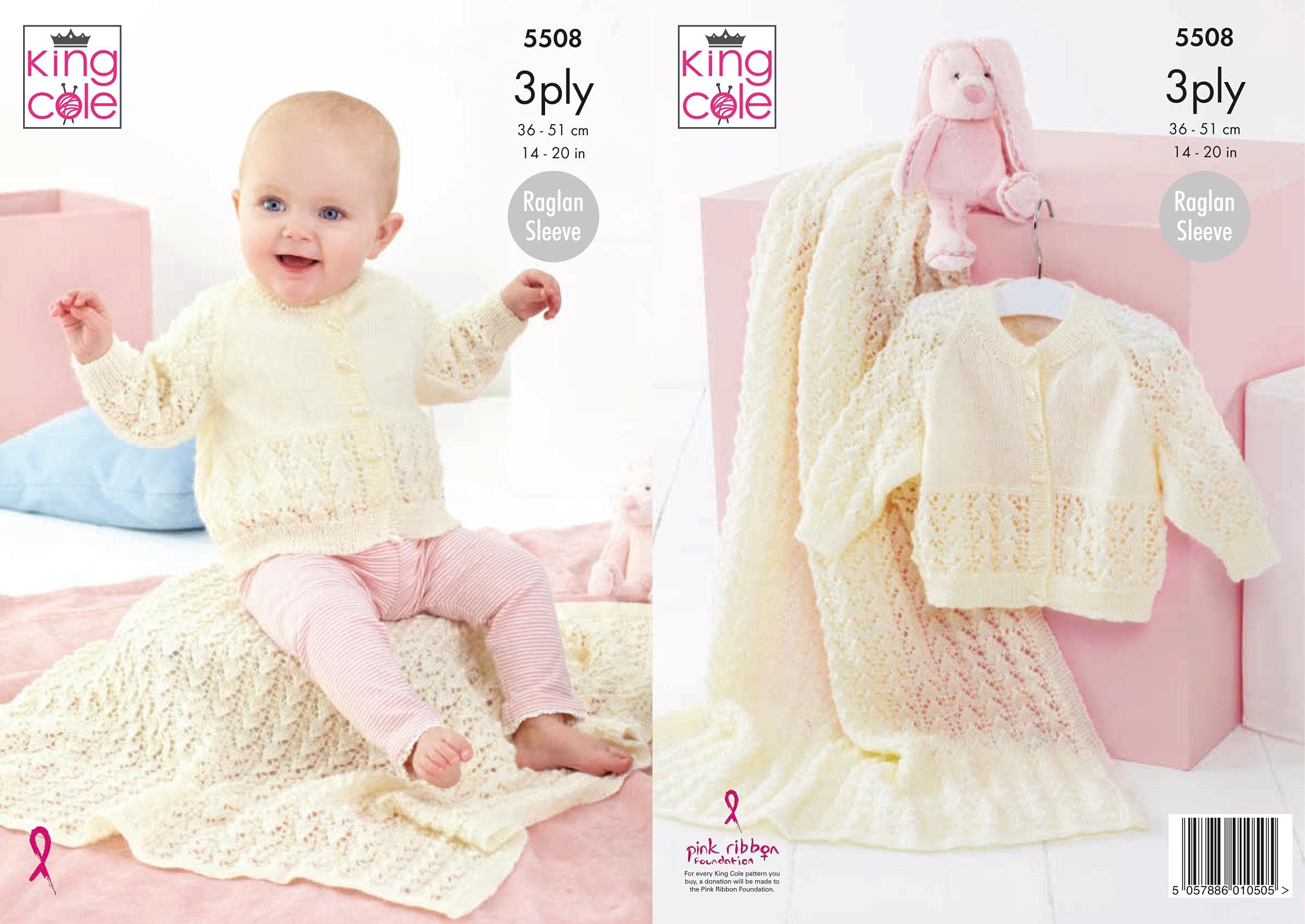Knitting Pattern Lacy Raglan Sleeve Cardigan & Blanket King Cole Baby 3ply 5508