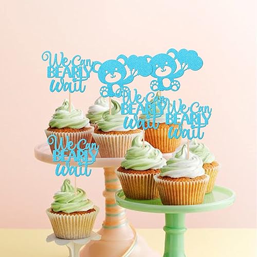 Miniatura 6 de 24 piezas de decoración de cupcakes con la frase "We Can Bearly Wait Cupcake Toppers Glitter Balloon Bear Cupcake Picks for Gender Reveal Baby Bear