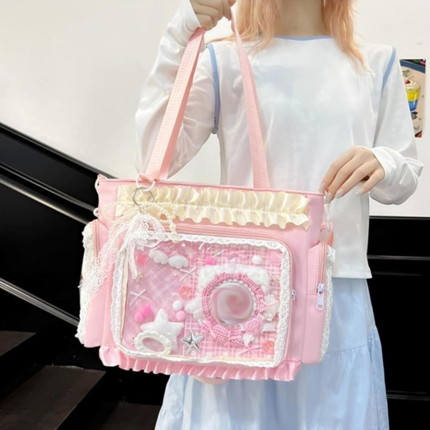 Lace itabag ruffle Shoulder Purse， Pin display bag with Insert Anime badge Display