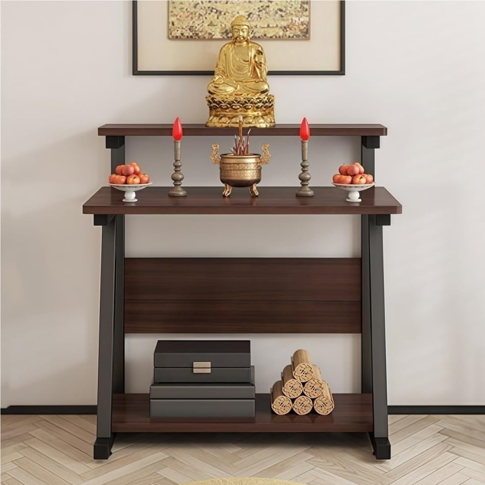 AZQOHMIS Free Standing Altar Table, Personal Shrine Meditation Table, 3-Tier Puja Table, Meditation Table with Storage Tier, for Living Rooms, Shrines, Temples(Black,90x60cm/35.4x23.6in)