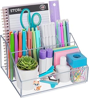 STORi Chloe Clear Plastic Stackable Desk Organizer, Rectangular 6-Compartment Office Supply Holder for Pens, Markers & Notepads, Made in USA