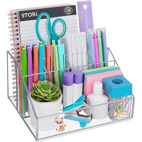 STORi Chloe Clear Plastic Stackable Desk Organizer, Rectangular 6-Compartment Office Supply Holder for Pens, Markers & Notepads, Made in USA