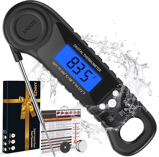 AMMZO Thermomètre à viande numérique, lecture instantanée Thermometre alimentaire - Feux de fond pour cuisiner, bonbons, frites profondes, BBQ, Grill, Accessoires de fabrication de bonbons, Cadeaux pour hommes Femmes(Noir)