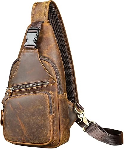 NIUCUNZH Bolso bandolera de cuero genuino con cierre de metal frontal, hecho a mano, estilo vintage, mochila de hombro para mujeres y hombres, Crazy