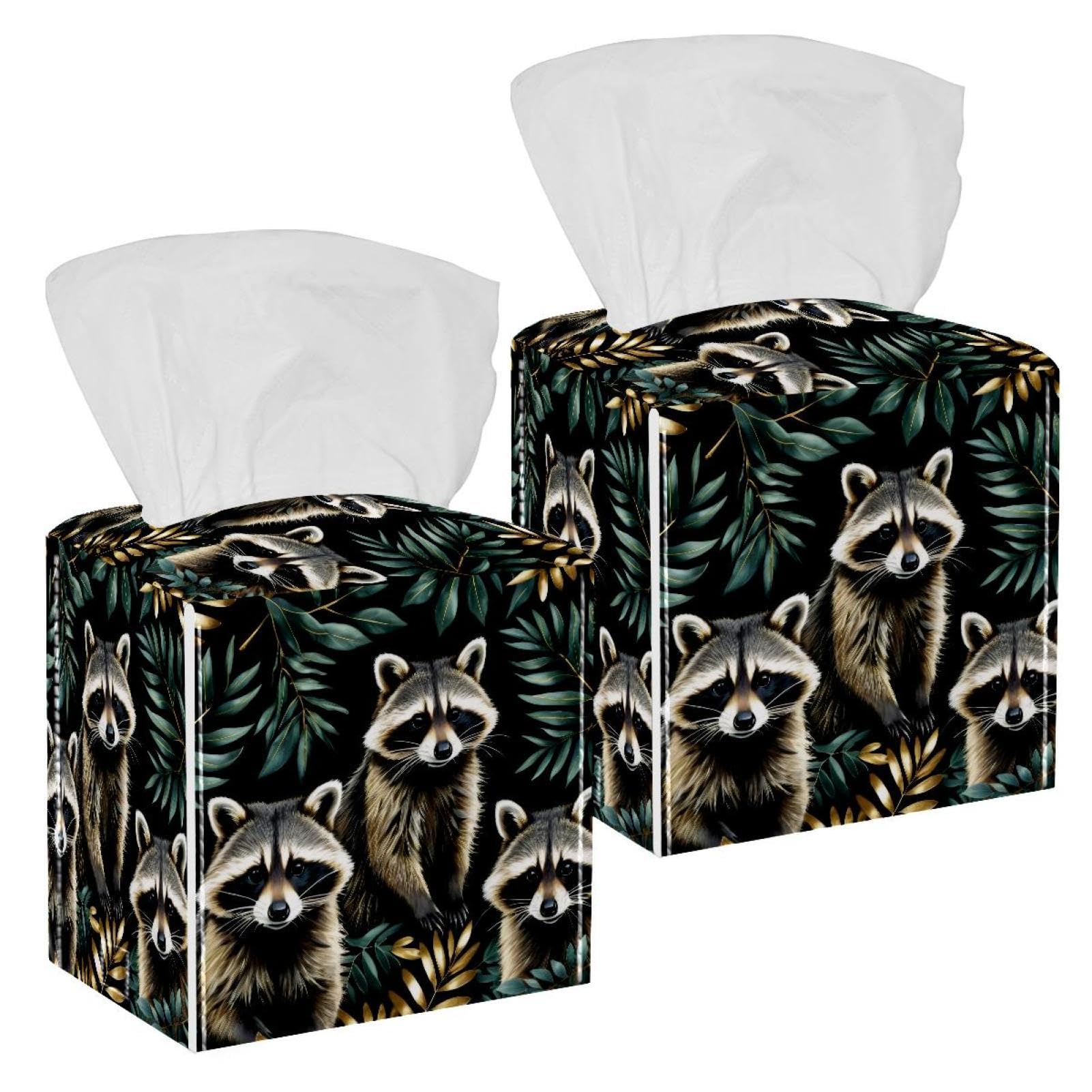 Raccoons Tissue Box Cover, 2 Pack PU Leather Square Facial Tissue Dispenser Box holder for Home Office Car