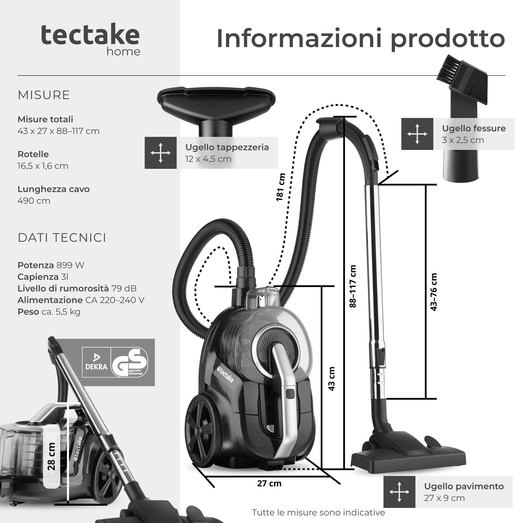 tectake® Aspirapolvere Senza Sacco 900 W, Capacità 3L, 79 dB, Aspiratore con Filtro HEPA XXL, Ideale per Pavimenti e Tappeti, Contenitore Grande per Polvere, Asta Telescopica, Accessori Inclusi