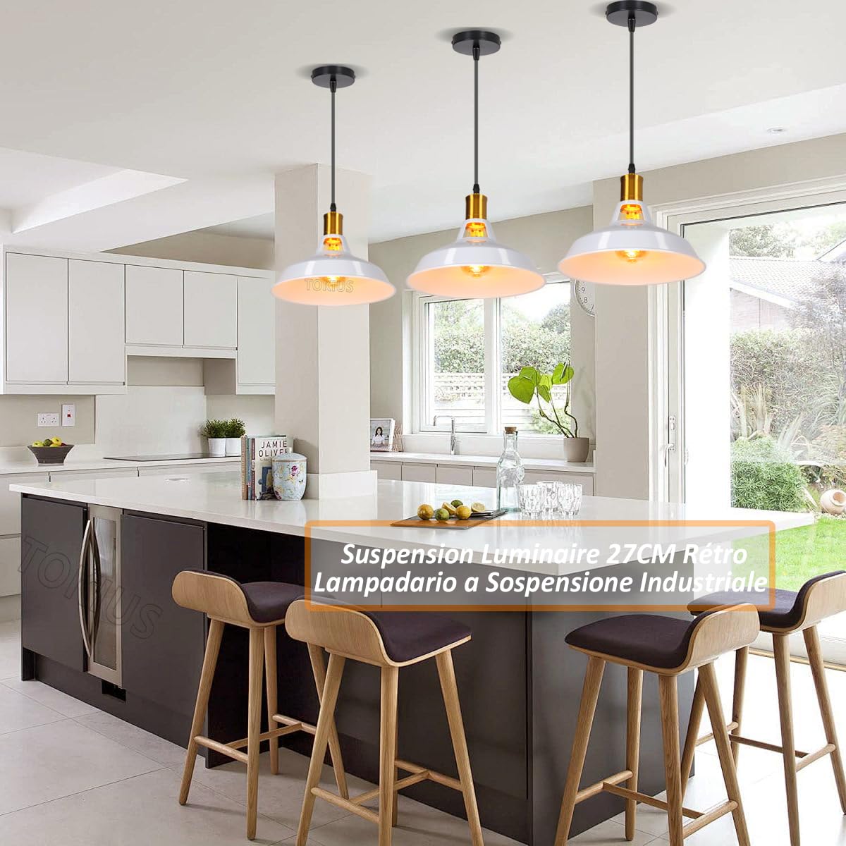 Suspension Lustre Industriel TOKIUS Vintage E27 - Abat-jour Métal Réglable Noir & Blanc Style Nordique