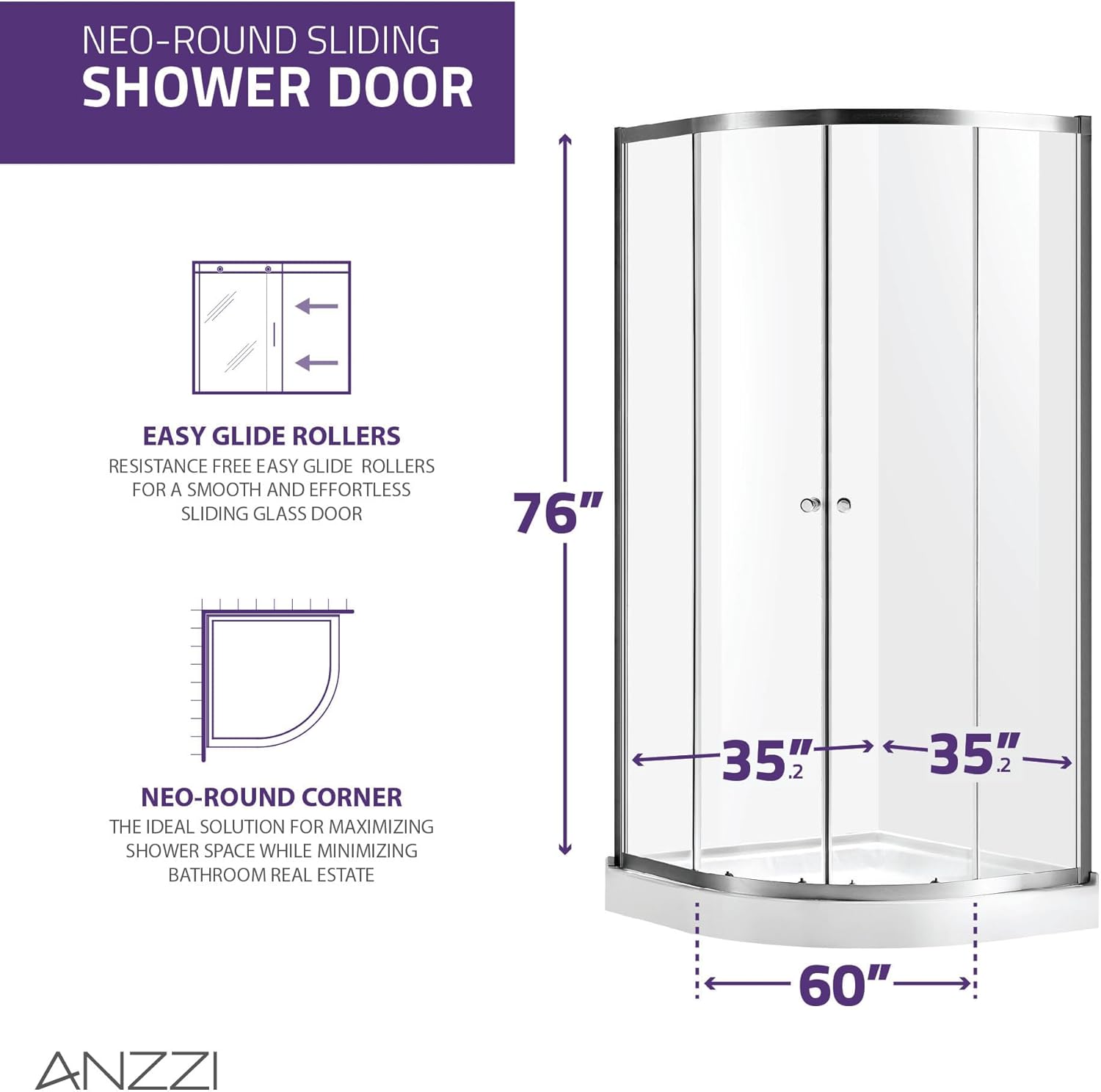 ANZZI Framed Shower Door 76" x 35" with Sliding, Brushed Nickel, Water Repellent Glass Shower Door Rollers and Handle - Mare Series (SD-AZ050-01BN)
