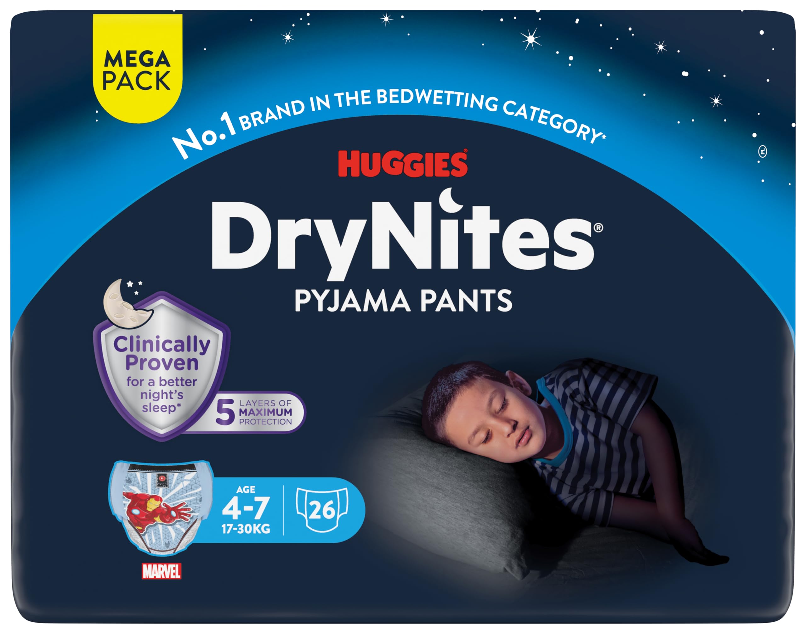 HUGGIESDryNites® Pyjama Pants, Boys 4-7 Years (17-30KG), 26 x Bedwetting Pants, Up to 100% Leak Free Nights