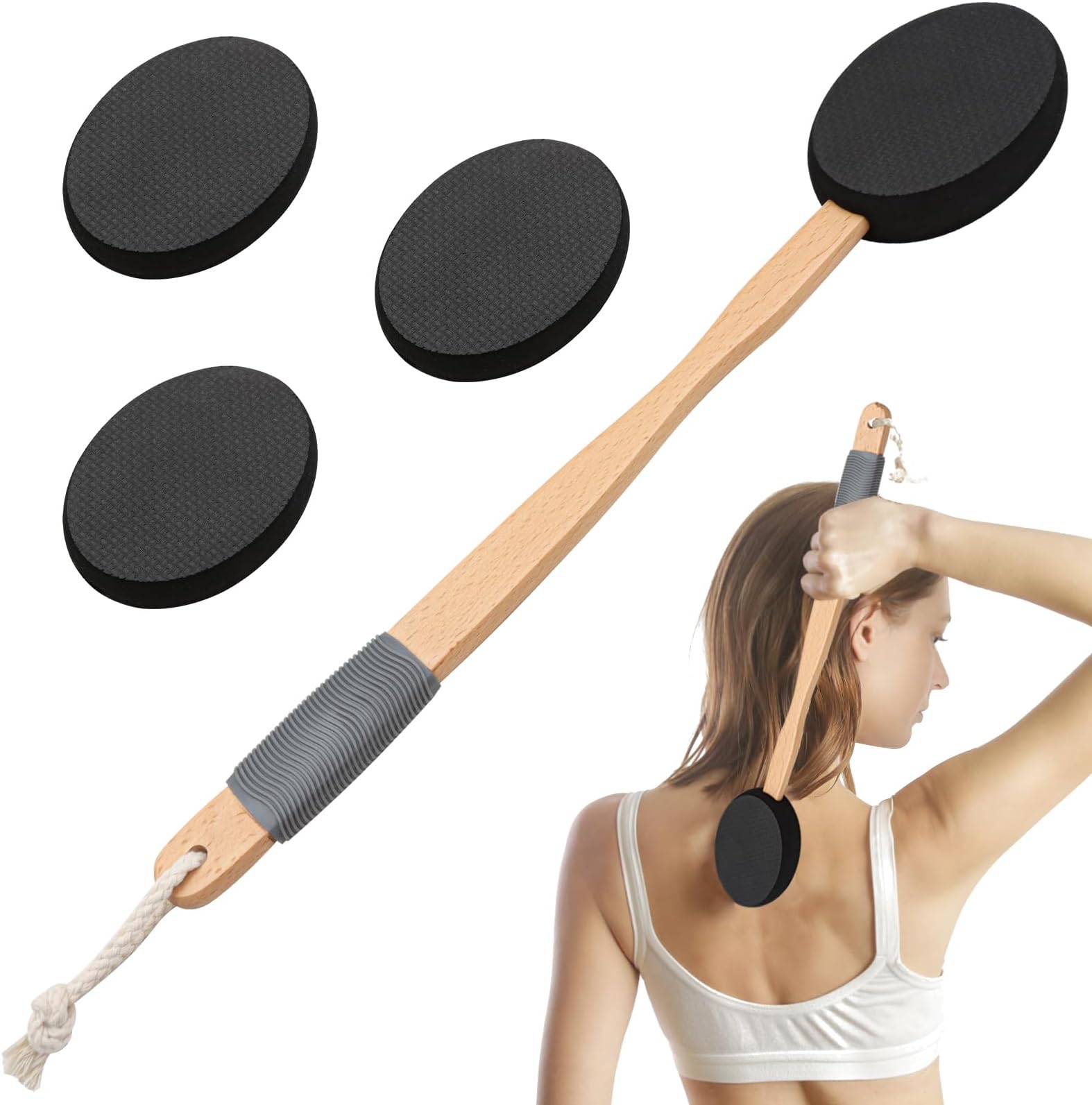 Lotion Applicator for Back 17'' Long Handled Back Cream Applicator with 2 Replacement Pads, Back Applicator for Cream Moisturiser, Long Wooden Handle Back Lotion Applicator for Skincare(Black)