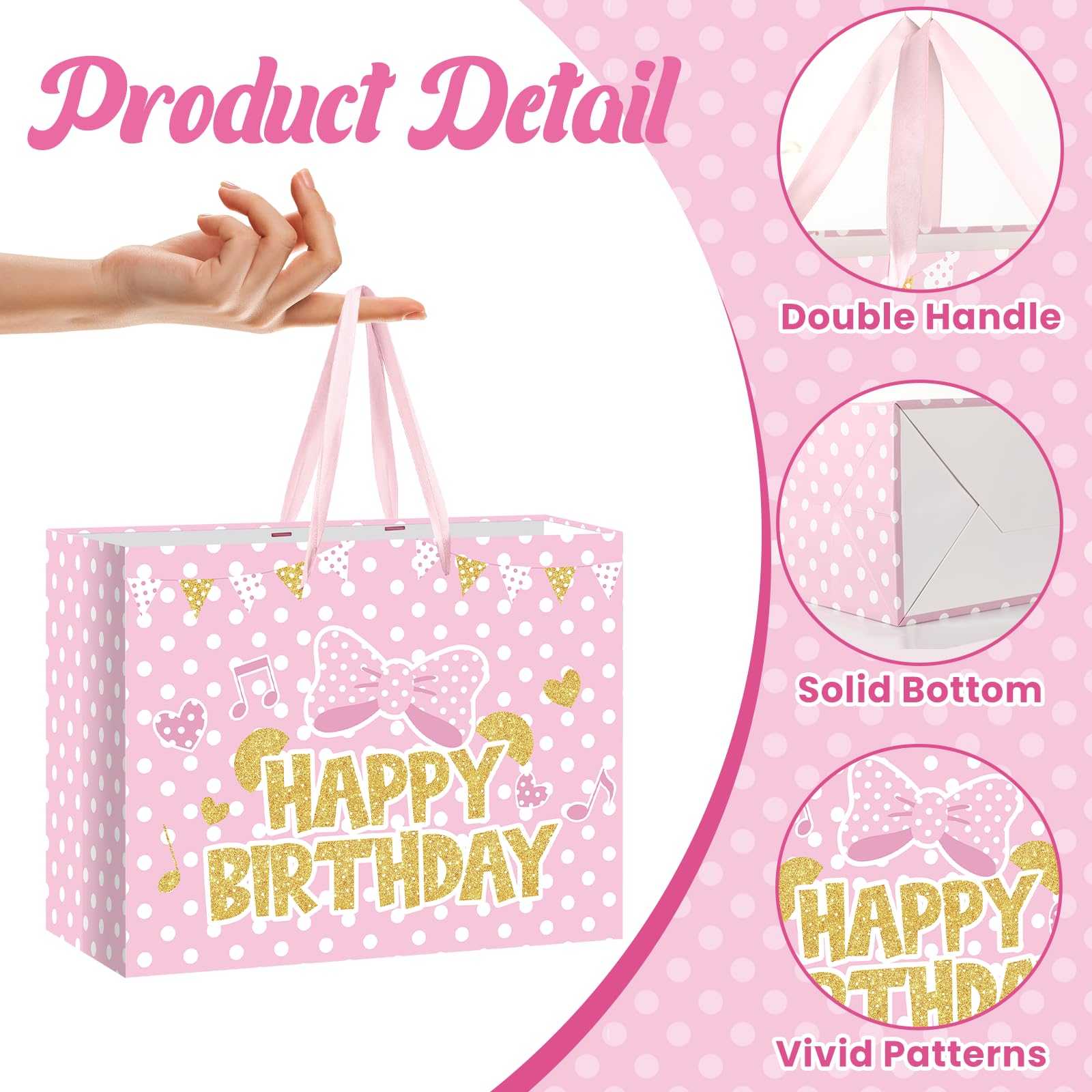 Cartoon Mouse Birthday Gift Bag with Tissue Paper and Card Pink Gold Bow Wrapping Paper Bags Large Princess Mouse Themed Birthday Party Favor Bags for Girls Bday Baby Shower Party Supplies Decorations