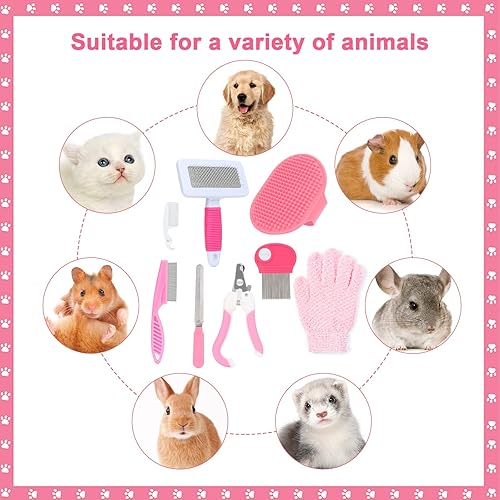 Miniatura 7 de VCZONE Kit de aseo de animales pequeños rosa con cortaúñas, peine de pulgas, cepillo de champú, cepillo más delgado, guante de masaje para conejos