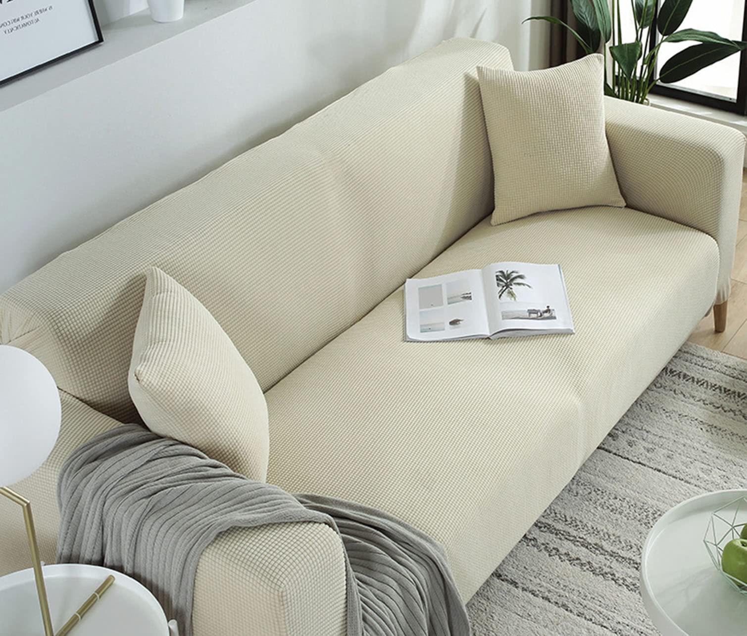 Housse de canapé extensible haut de gamme jaune 4 places pour rénovation de mobilier de salon