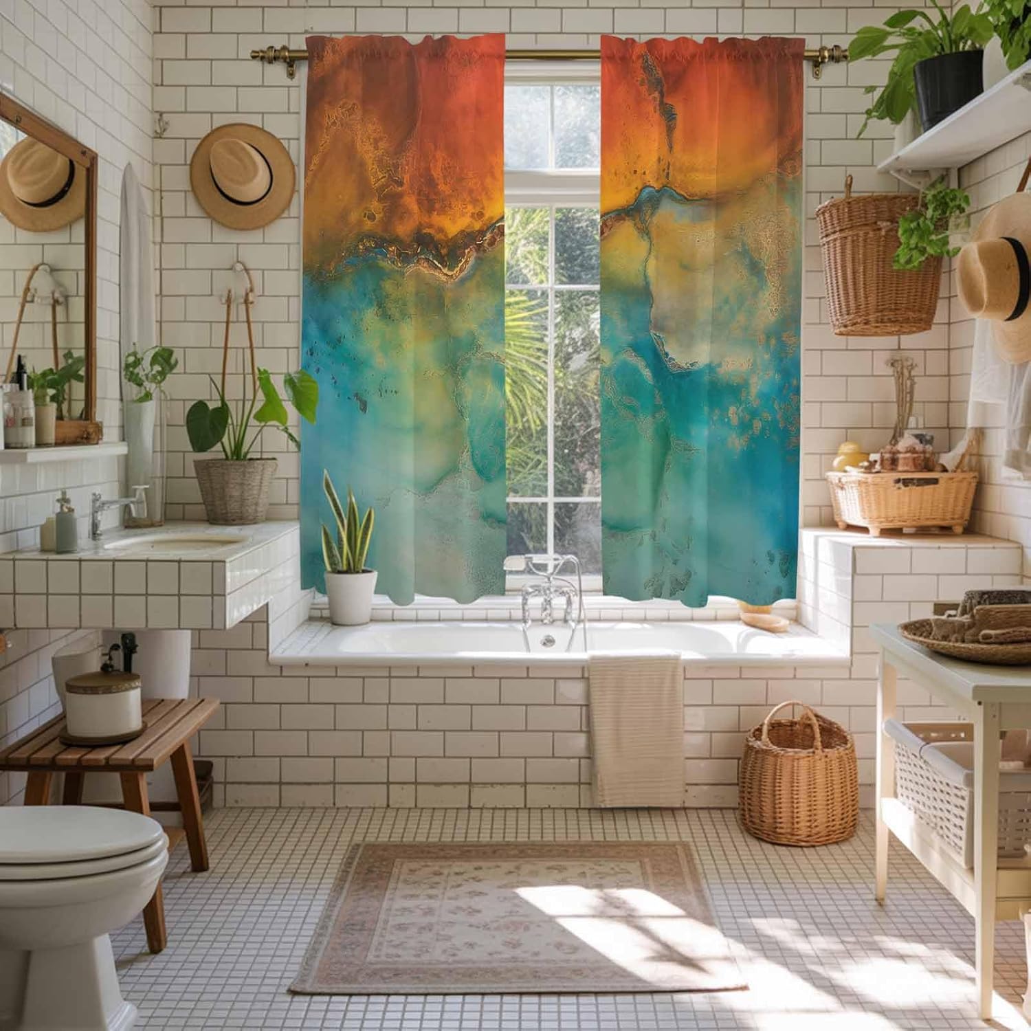 Abstract Window Curtains 63 Inch Long 2 Panel Set,Rod Pocket Bedroom Curtains & Drapes,Orange Teal Green Gradient Fluid Modern Oil Painting Light Filtering Window Treatment for Living Room 42"W x 63"L