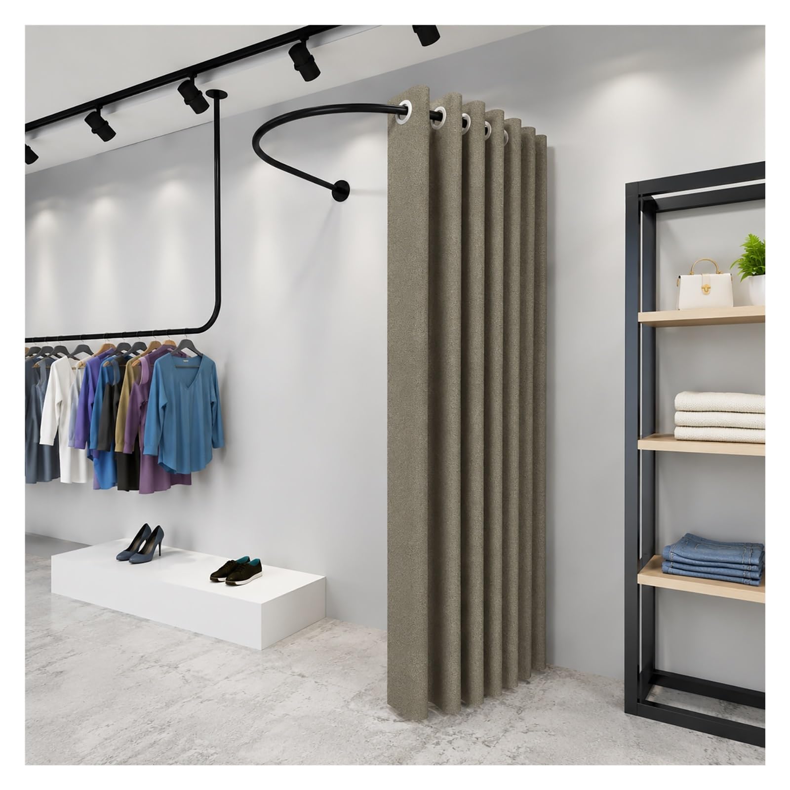 ZJKXJH U Shaped Fitting Room Curtain, Wall Mounted Changing Area Curtain for Bedroom/Mall/Office, Corner Privacy Partition Drapes for Privacy Protection(With Brown Curtains,110cm/43.3in)
