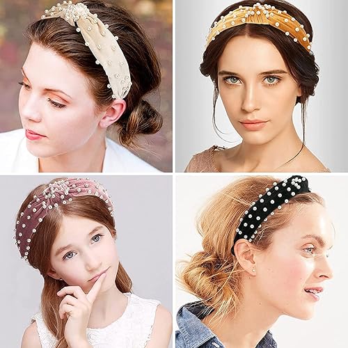 Miniatura 6 de Allucho Diademas para mujer diadema anudada diadema de perlas bandas para el cabello con nudo superior ancho accesorios para el cabello de