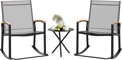 Miniatura 8 de Shintenchi - Juego de 3 piezas, muebles de tela Textilene para patio al aire libre, juego de sillas mecedoras para el porche delantero, juego