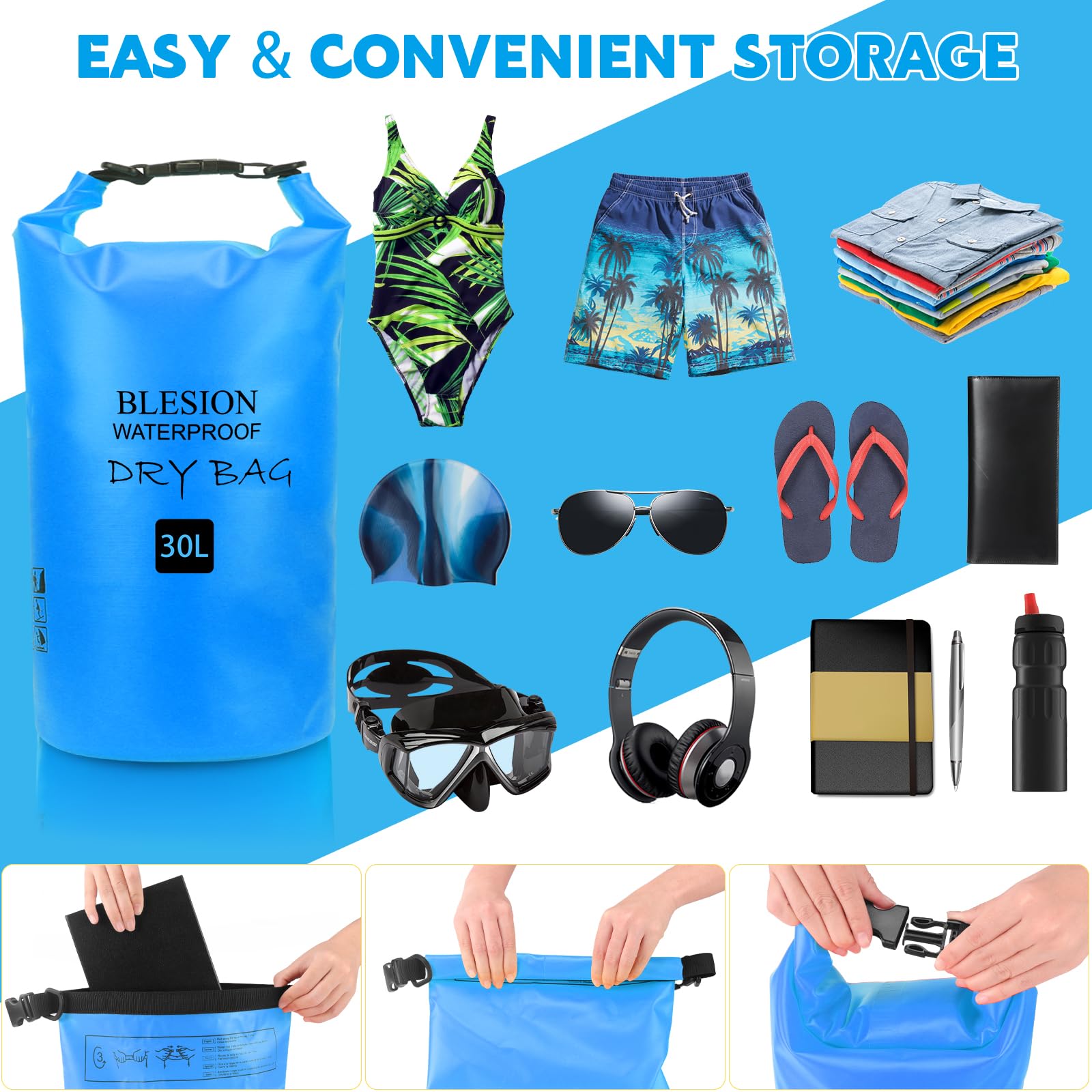 BLESION Dry Bag 5L/10L/15L/20L/30L wasserdichte Tasche Verstellbarer Schultergurt, Wasserdichter Rucksack für Kajakfahren, Angeln, Schwimmen, Wandern Reisen