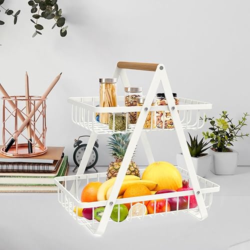 Miniatura 3 de Cesta de frutas de 2 niveles, cesta de frutas portátil para organizador de cocina, almacenamiento de frutas, verduras, pan, aperitivos, cesta