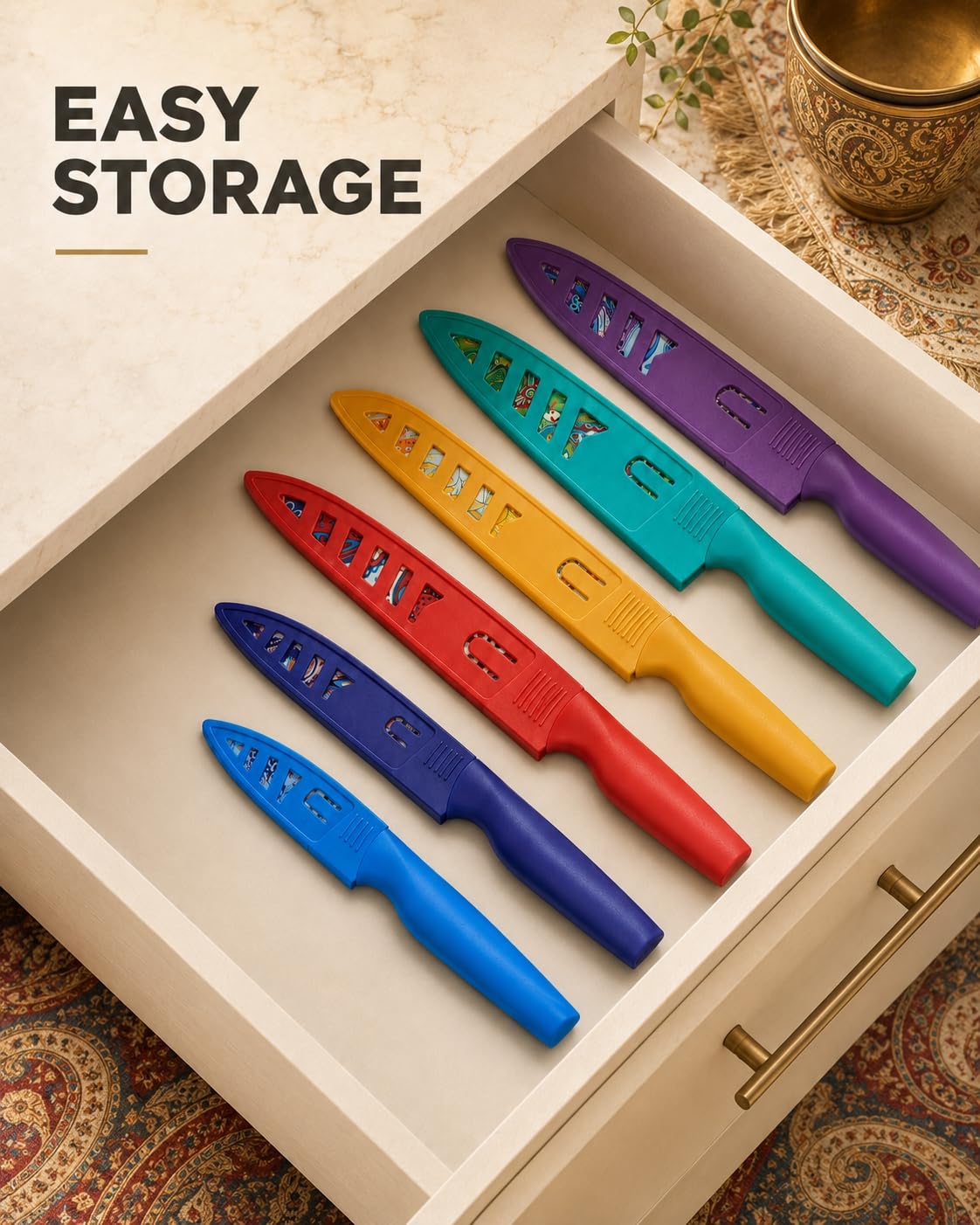 Astercook Juego de Cuchillos con diseño de Cachemira y Funda, Cuchillos de Colores Aptos para lavavajillas con Funda para 6 Cuchillos, Juego de Cuchillos arcoíris de Acero Inoxidable alemán