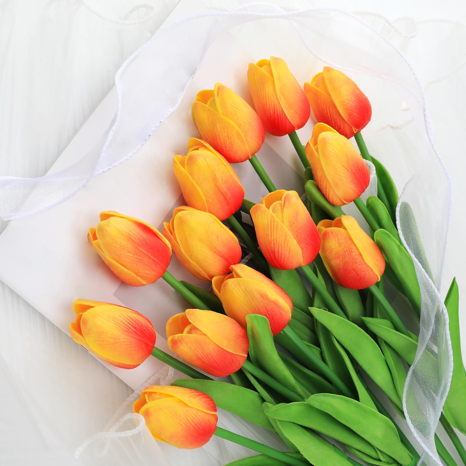 Kisflower 12 tulipanes artificiales de látex, tulipanes artificiales, flores artificiales de tacto real, para decoración del hogar, oficina, boda (rojo y amarillo)