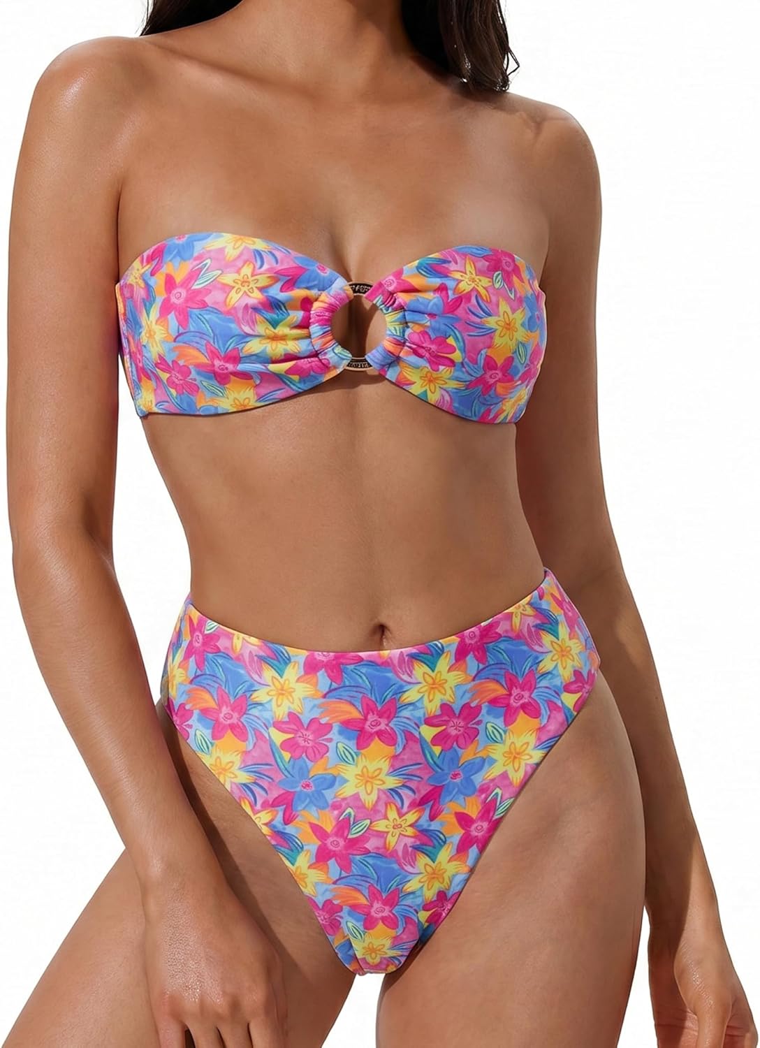 SUUKSESS Women Bandeau O Ring Bikini Sets Tie Back High Waisted 2 Piece Swimsuit