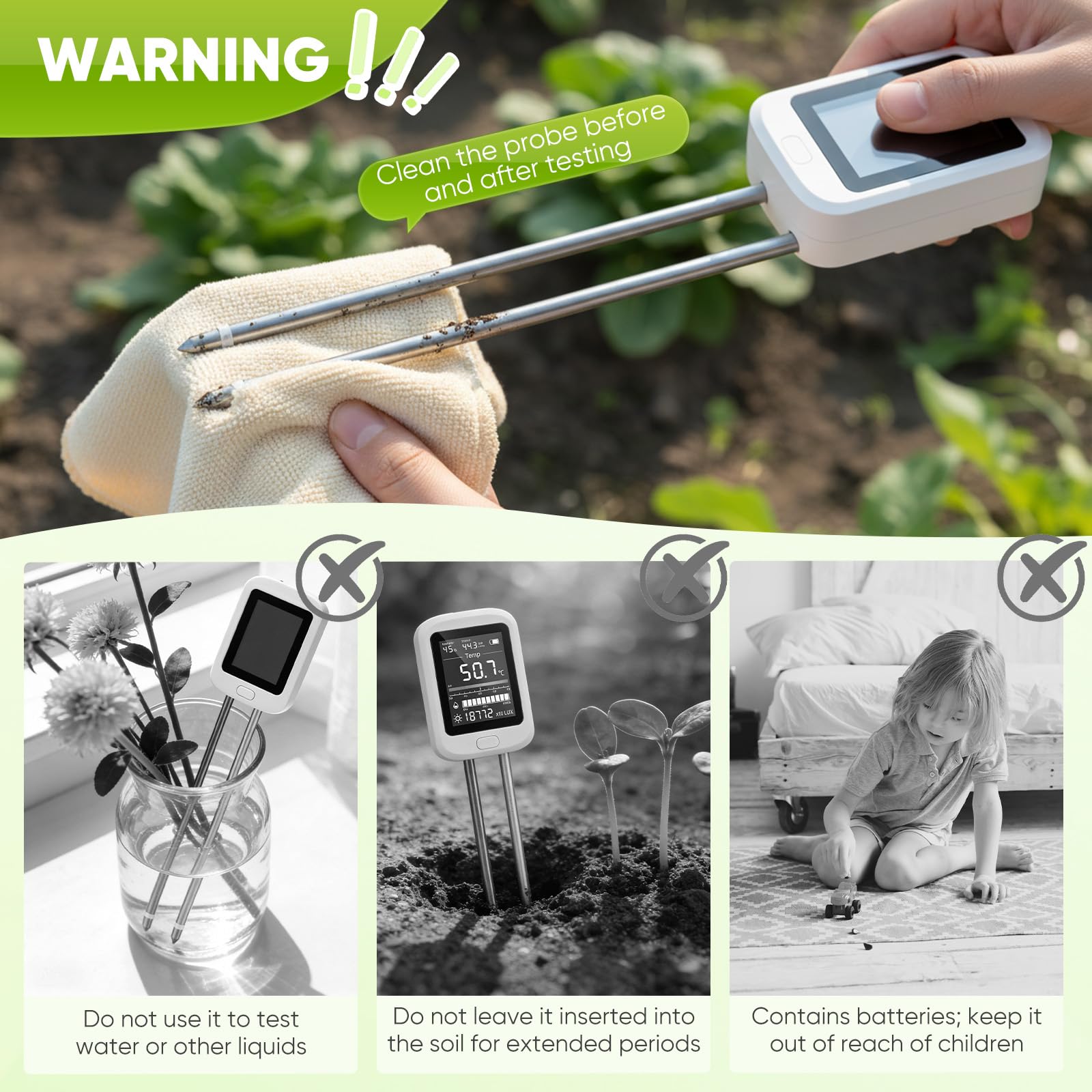 6-en-1 mesureur de sol avec Type-C, mesureur d’humidité pour plantes, capteur d’humidité du sol, mesureur de pH du sol, hygromètre pour plantes et testeur de sol pour pelouse, jardin et plantes en pot