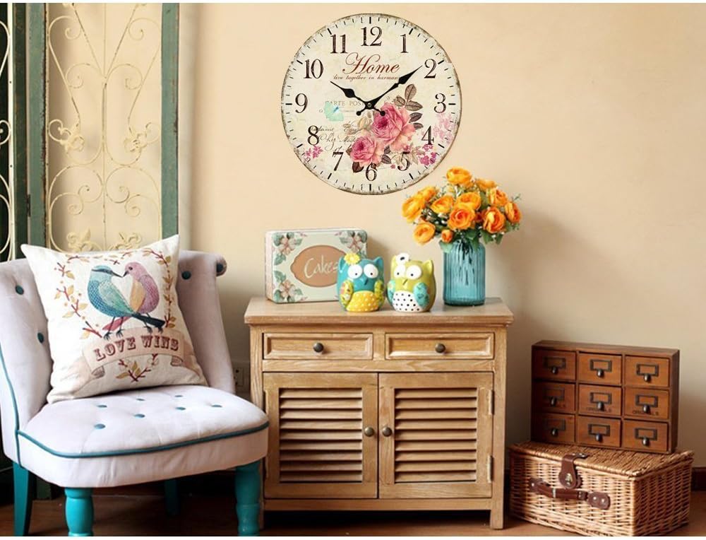Jinberry 14" (34cm) Vintage Silent Sweep Round Wooden Wall Clock/Shabby Chic Antique Rustic French Country Clock, No Tick Retro Style 14 Inch Clock