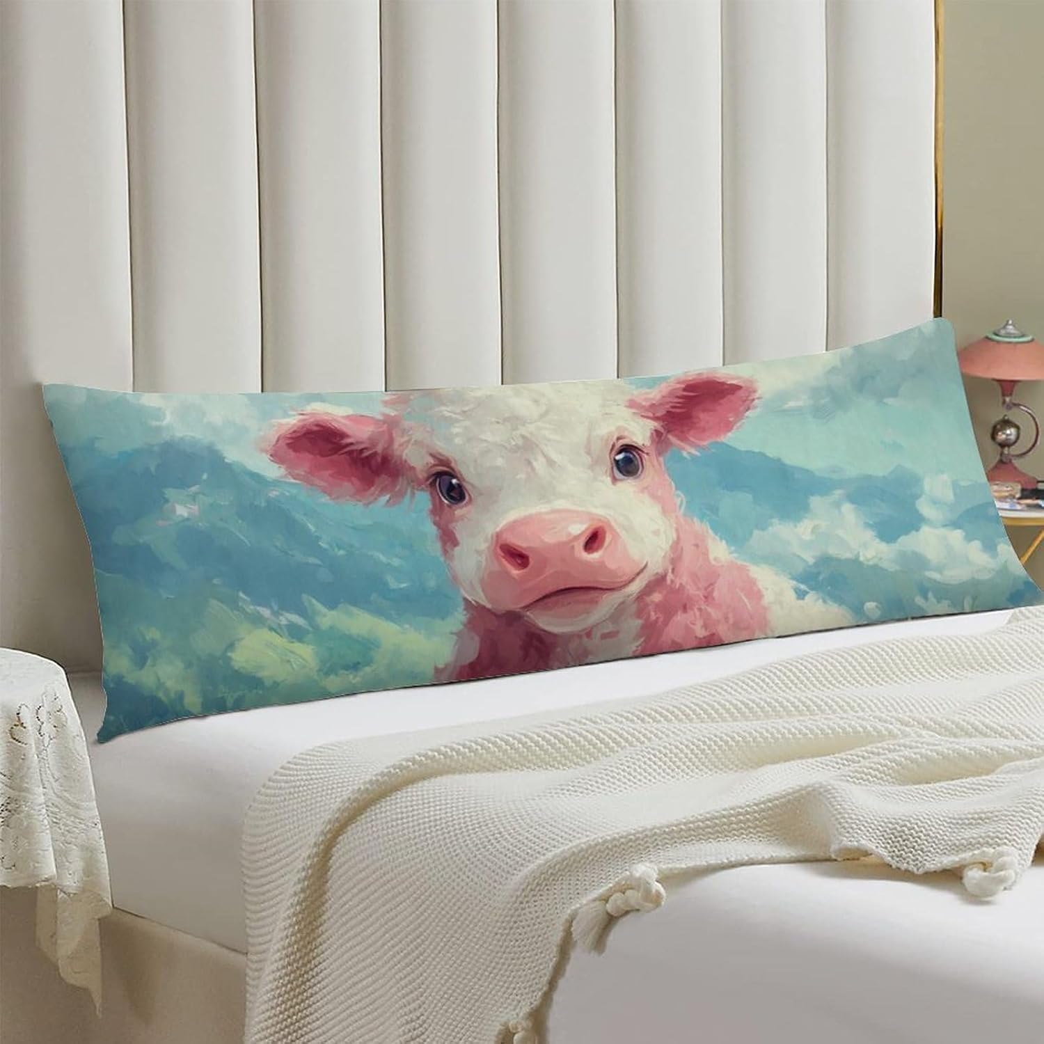 Strawberry Cow Sitting Grassy Field Body Pillow Cover Long Cushion 18.9x53.1 Inch