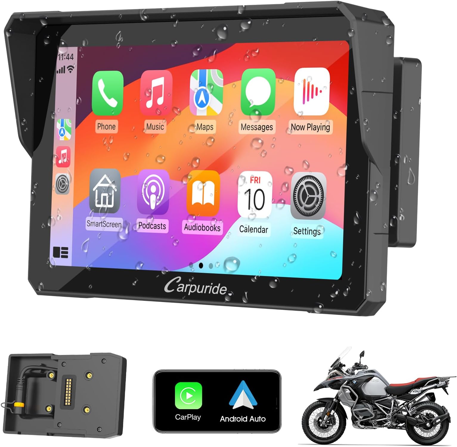 W702B Motorcycle GPS Carplay Screen with Custom Mount for BMW Motorbike, Wireless CarPlay and Android Auto, Portable 7 inch Waterproof Touchscreen, Bluetooth Trans, Navigation, Siri.