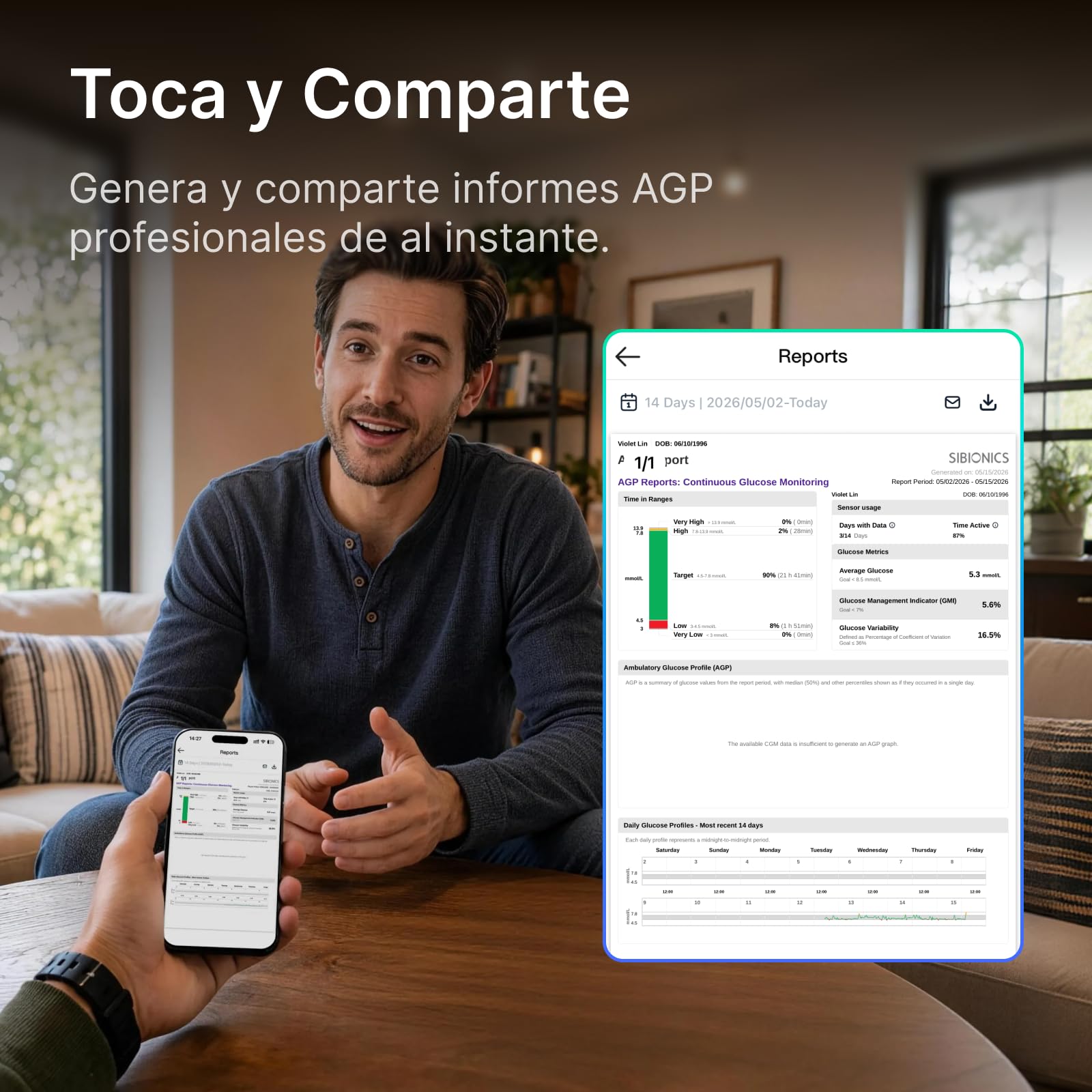 SIBIONICS GS3 Monitor Continuo de Glucosa - Sensor 14 Días con Parche | Sensor CGM con alarmas, análisis de comidas por IA y picos en tiempo real. Conexión NFC para iOS y Android.