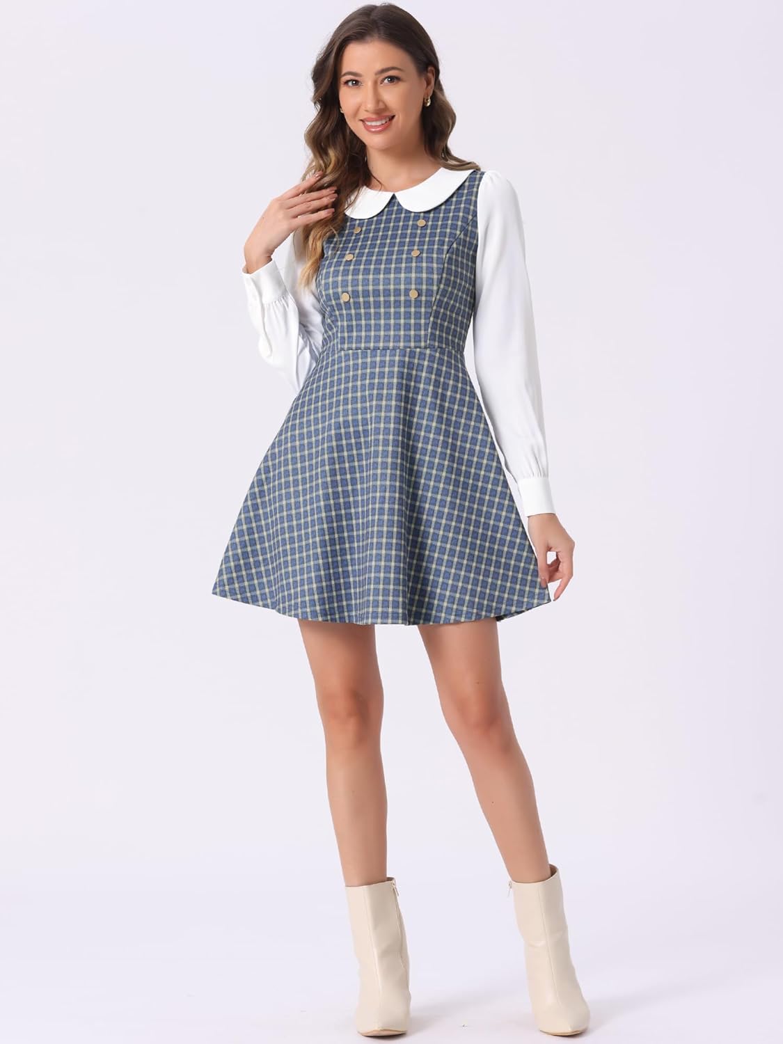 Allegra K Women's Peter Pan Collar Contrast Color Button Decor A-Line Preppy Plaid Mini Dress - Image 3