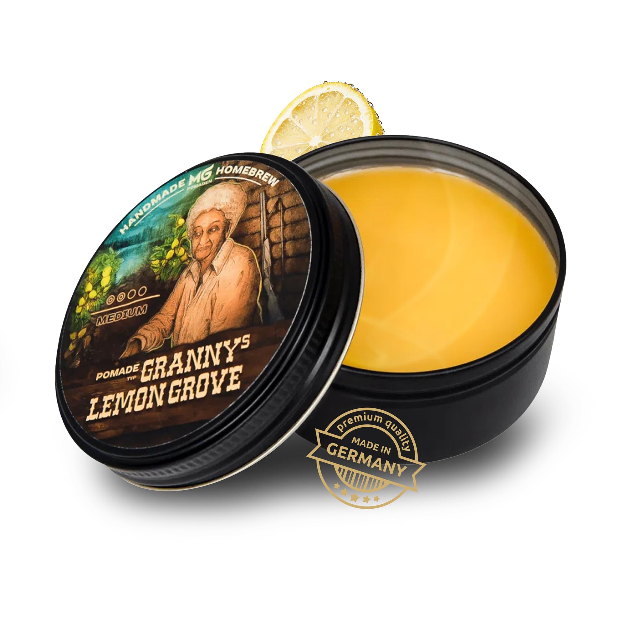 MG Pomade GRANNY’S LEMON GROVE – Pomade huileuse brillante – Tenue moyenne – Cire coiffante naturelle cheveux homme femme – Finition brillante, coiffage classique - parfum citron frais
