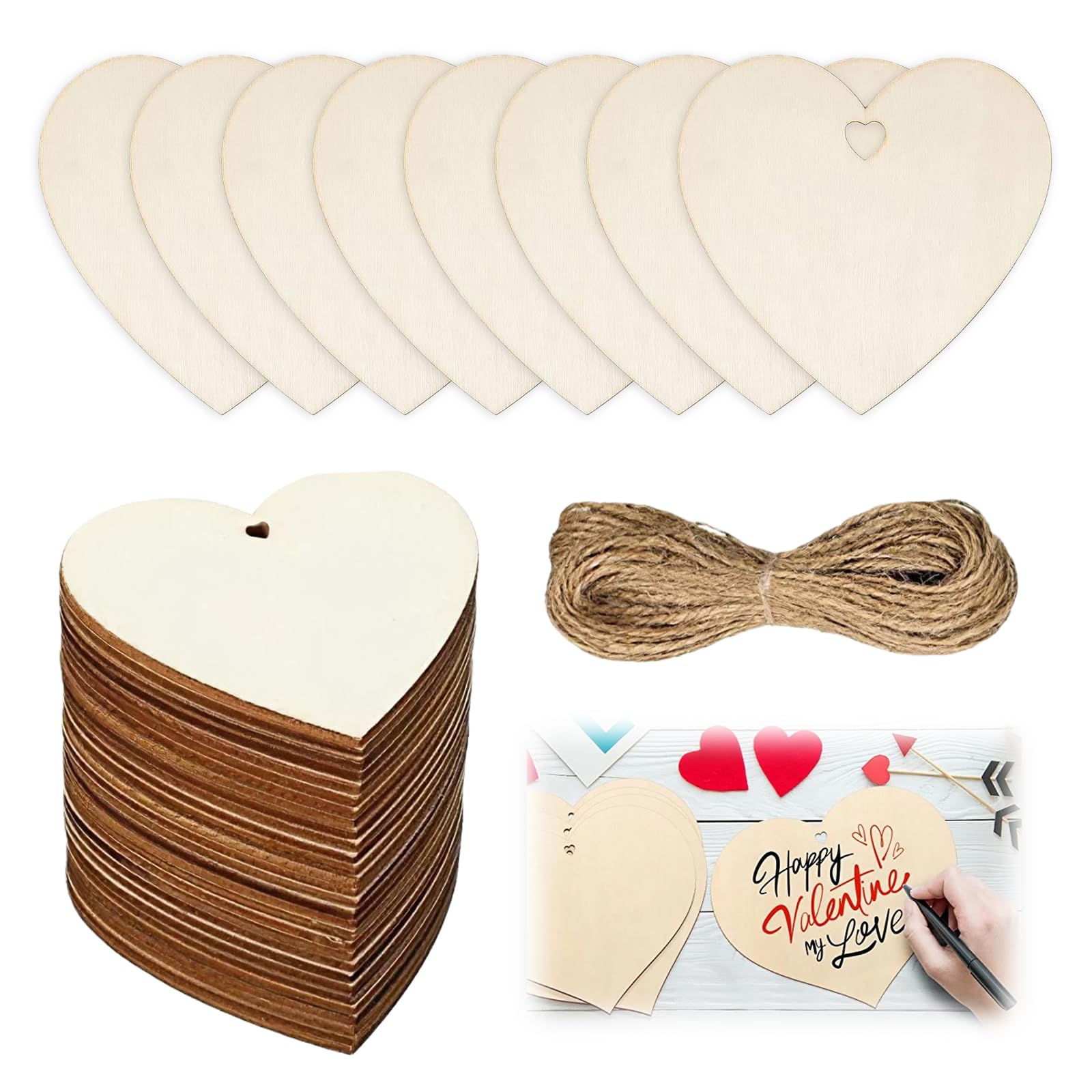 Wooden Heart Cutouts with Holes – 40 Pack 7.6 cm Natural Wood Hearts with Jute Twine – Blank Craft Hearts for DIY Wedding Decor, Hanging Ornaments, Party & Home Crafts