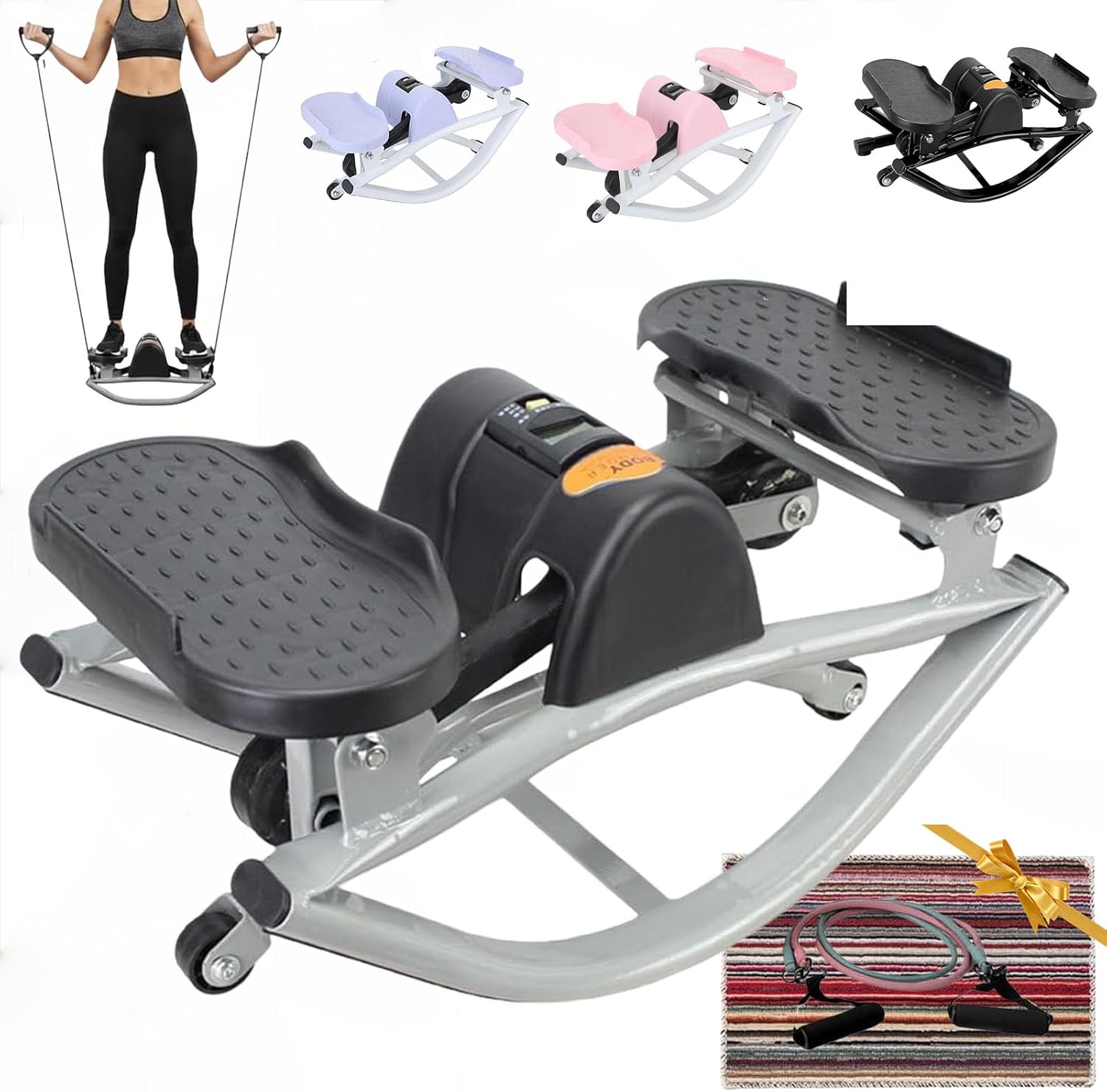 Rock Stepper Side To Side Lateral Rocking Home Workout Machine With Resistance Band ＆Anti-Slip Mat Protects Knees And Joints Portable Compact Leg Hip Ab And Core Muscle Trainer Built-In Counter