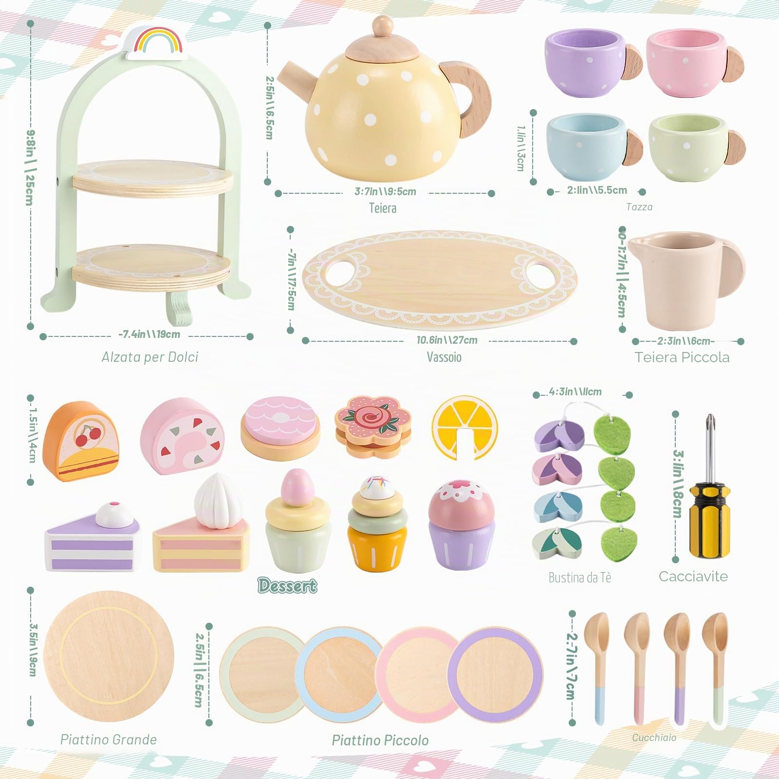 Atoylink Set da tè in legno per Bambini Accessori Cucina Giocattolo Alzata per Dolci Teiera Tazze da tè Cibo Giocattoli in Legno Giochi di Ruolo Educativi Servizio da Tè Regalo Bambina 3 4 5 6 7 Anni