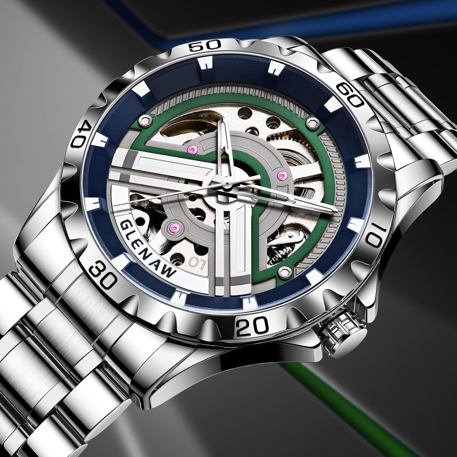 Skeleton Watches for Men, Automatic Mechanical Watch with Luminous Dial, Self Winding Watches Stainless Steel Bracelet - Image 3