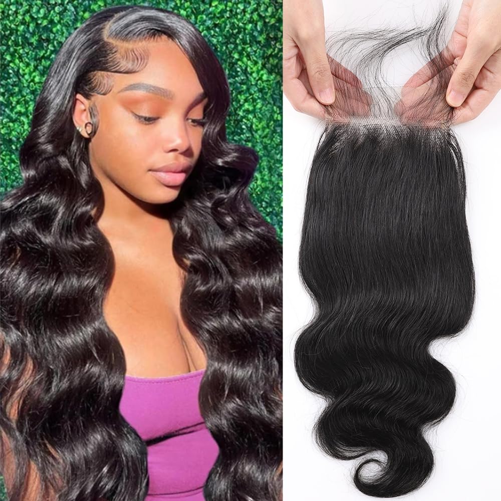 QTHAIR 16A Brazilian Body Wave Human Hair Lace Closure(20" Free Part Natural Black) 100% Unprocessed Brazilian Body Wave Virgin Hair Swiss Lace Closure 150% Density 4x4 Closure