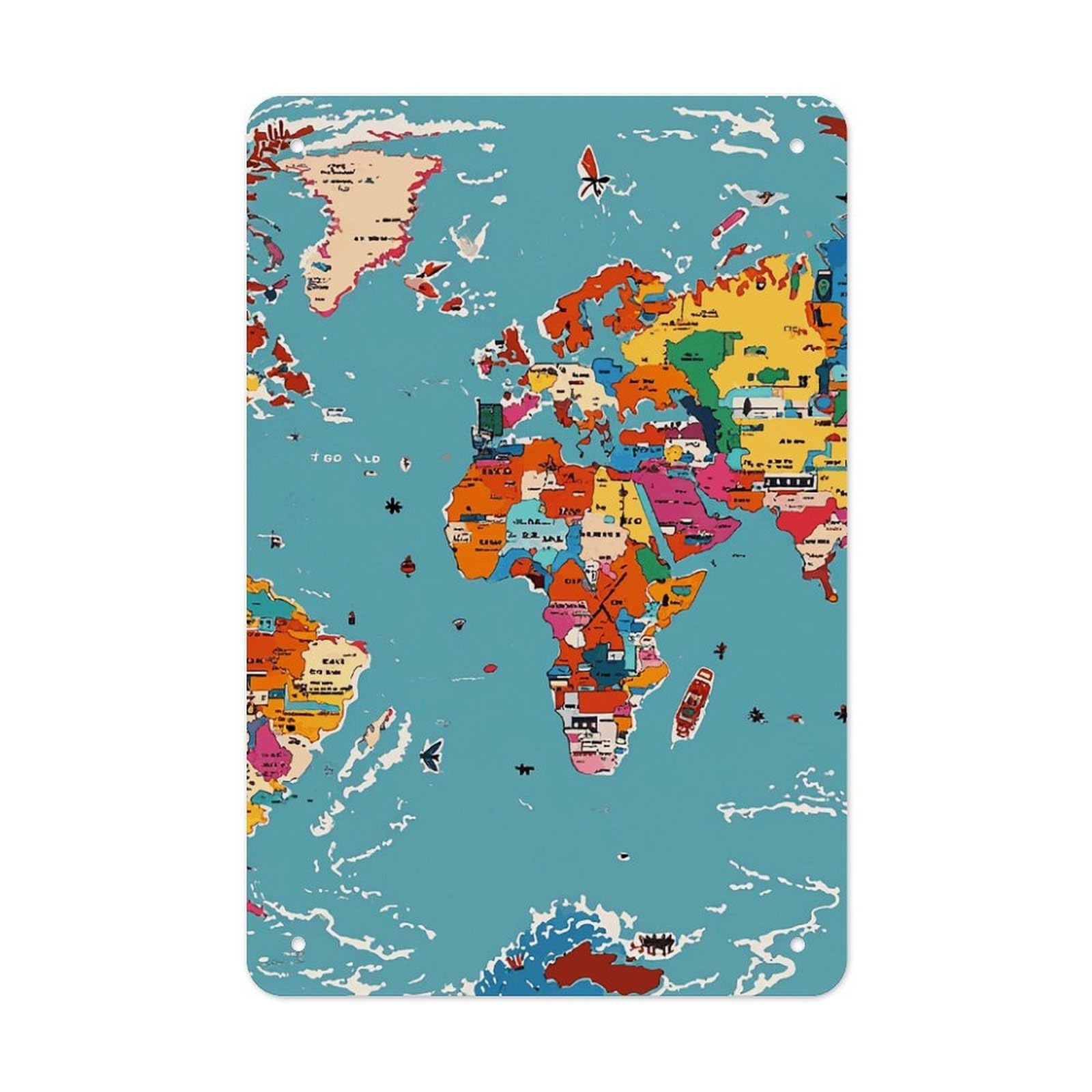 QMNLKH World Map Pattern Plaques for Wall Decor, Personalized Metal Tin Sign for Home, Multifunctional Poster for Office, Fashion Painting for Hallway, Wall Art Pictures, 7.9x11.8Inch