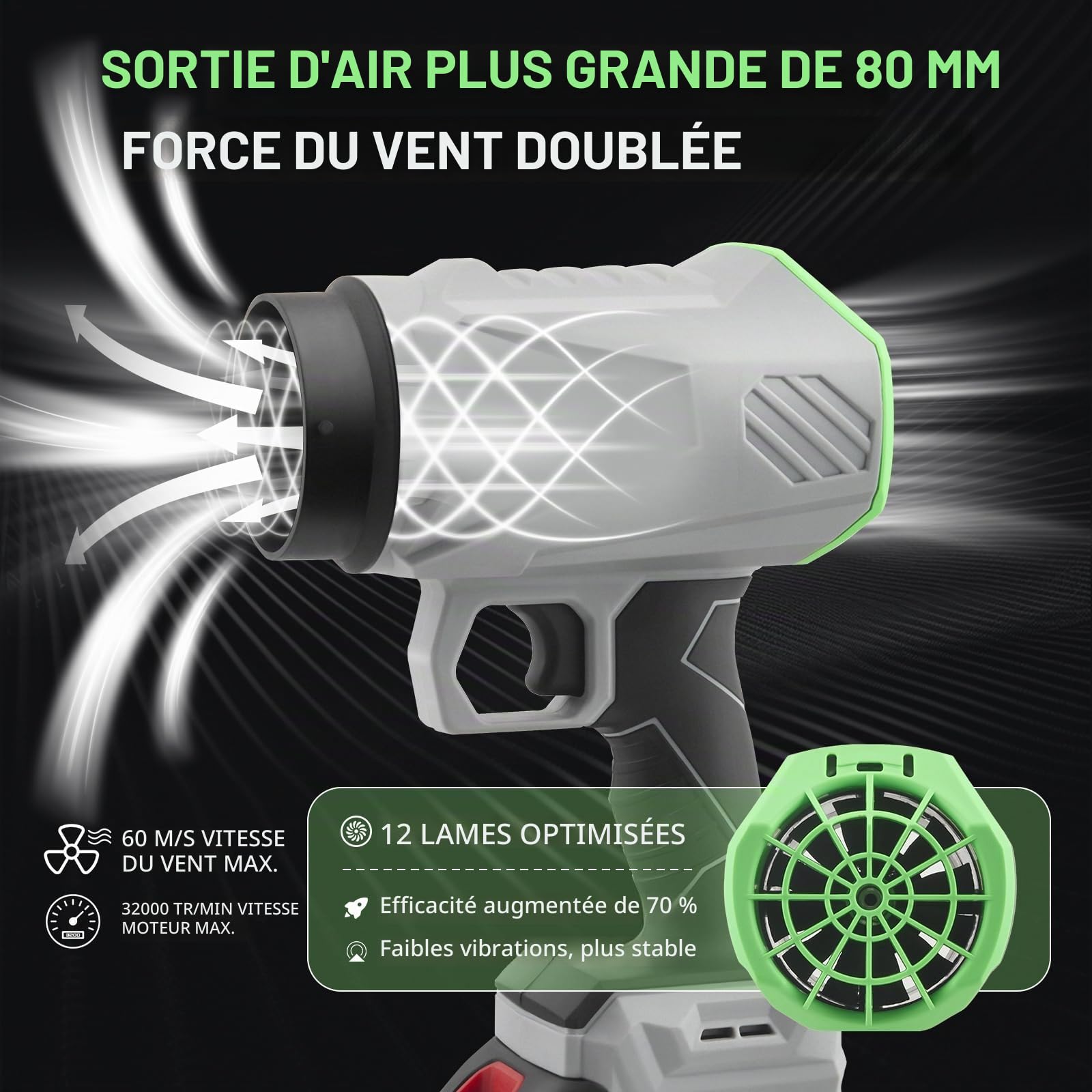 Souffleur de Feuilles sans Fil 21V, 2 x 2.5 Ah Batteries et Chargeur et 3 Tubes de Soufflage, Moteur 40000 TR/Min, 15 m³/Min, 1000W, Portable 0,65kg, pour Jardin, Patio, Voiture et Campin