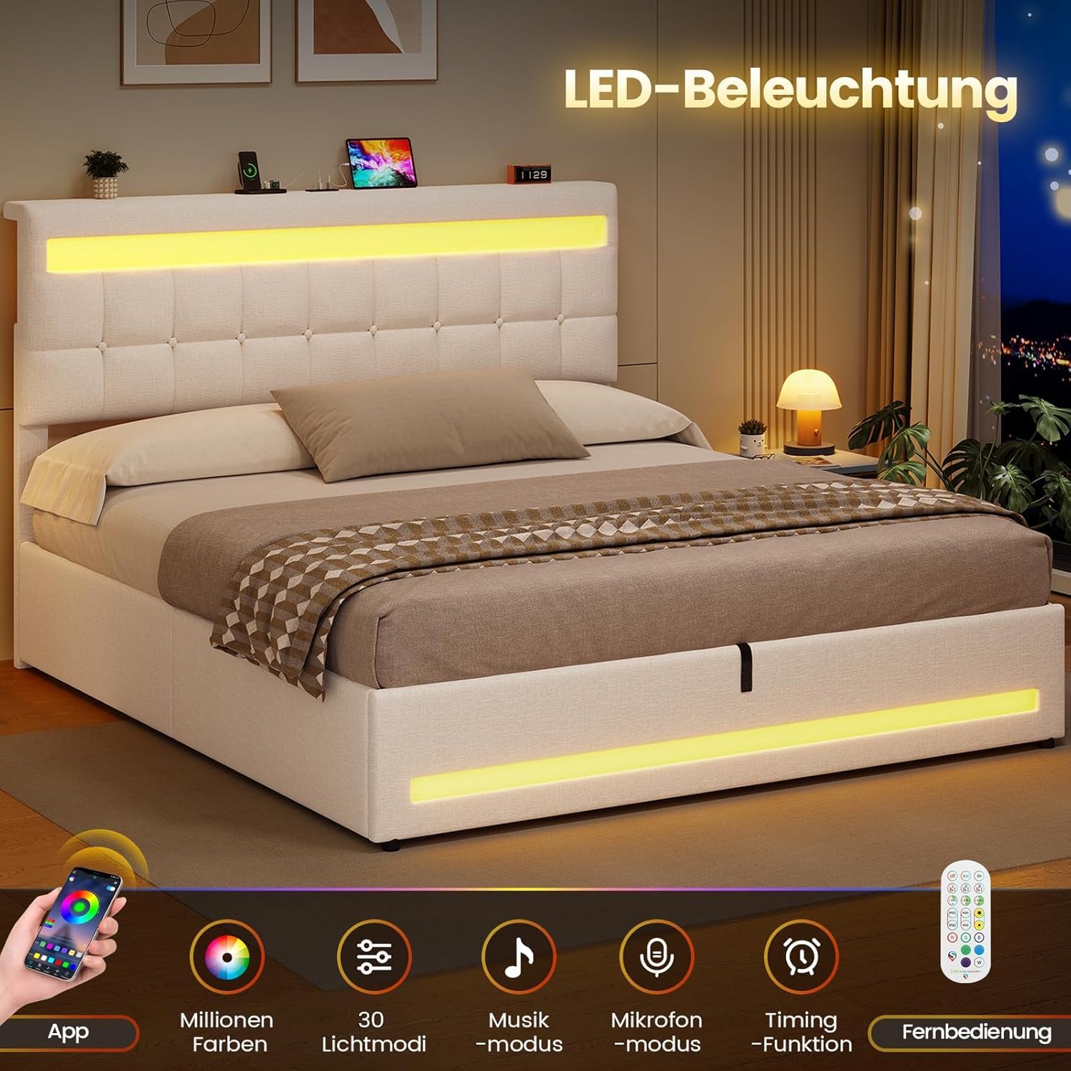 AOGLLATI Letto Matrimoniale Contenitore 180x200 cm, Struttura Letto con Illuminazione LED e Stazione di Ricarica, Letto Matrimoniale con Vano Contenitore Idraulico e Testiera Regolabile, Beige