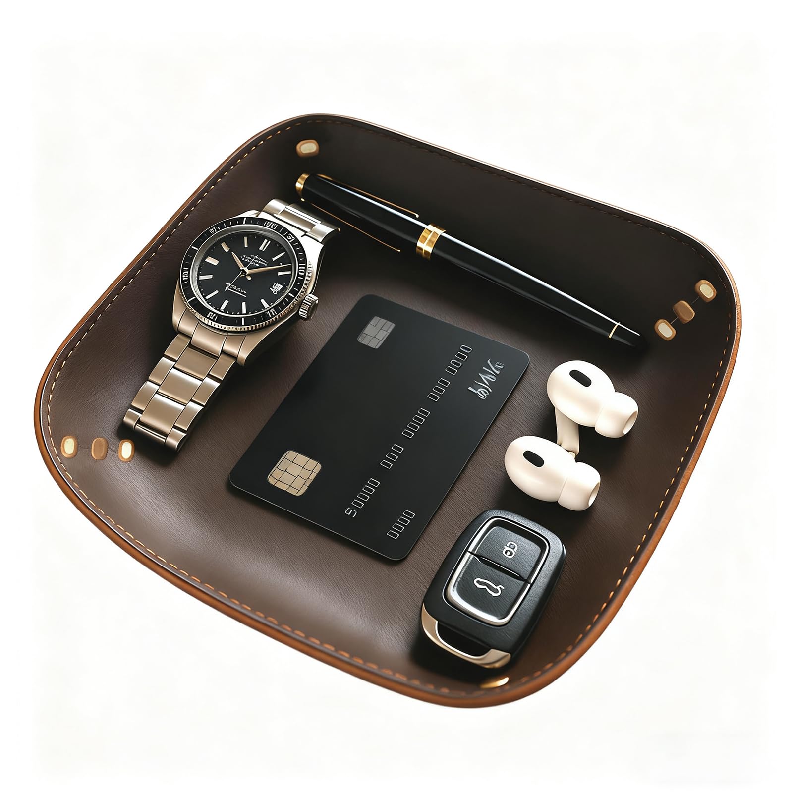 Genuine Leather Valet Tray - Brown Leather Catchall Organizer for Desk, Bedside & Travel Storage Tray for Keys, Phone, Wallet, Coins, Jewelry for Women & Men