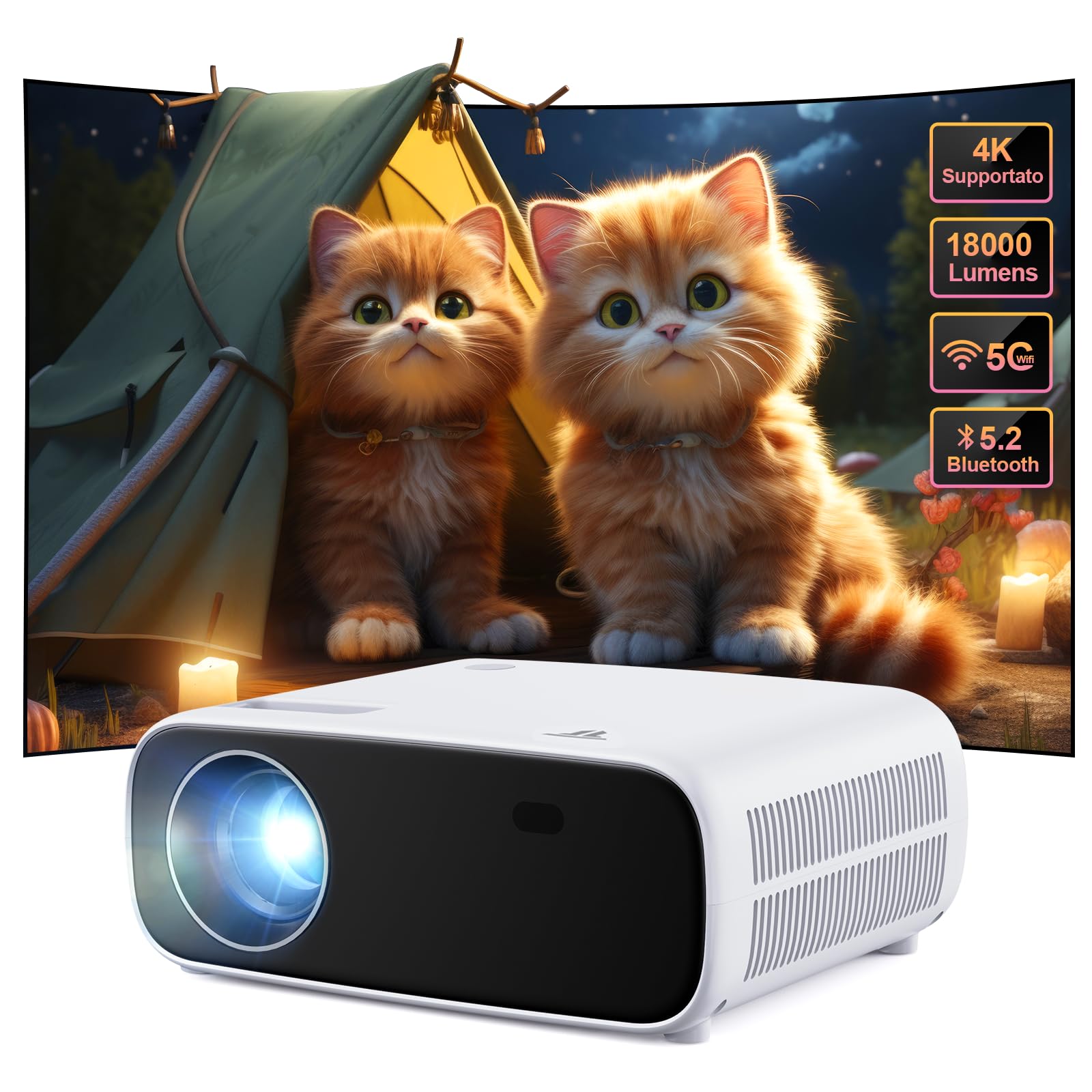 Mini proiettore con Bluetooth e WiFi, proiettore portatile da 18000 lumen, proiettore Home Theatre da 200 pollici, compatibile con iOS/Android/Laptop/HDMI/USB/X-Box