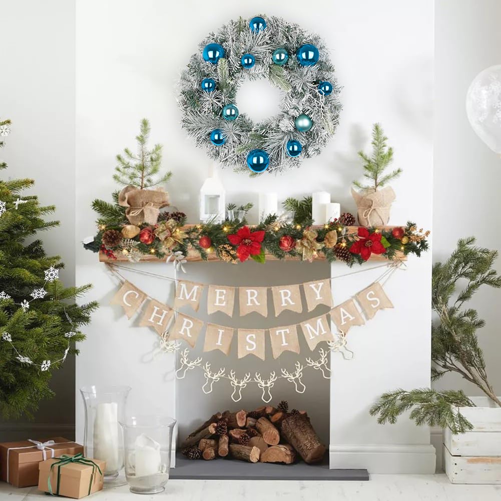 Oairse Couronne de Noël de 61 cm pour porte d'entrée, grande couronne de porte avec boules bleues, grande couronne artificielle décorative avec pin enneigé, décorations de Noël à suspendre pour