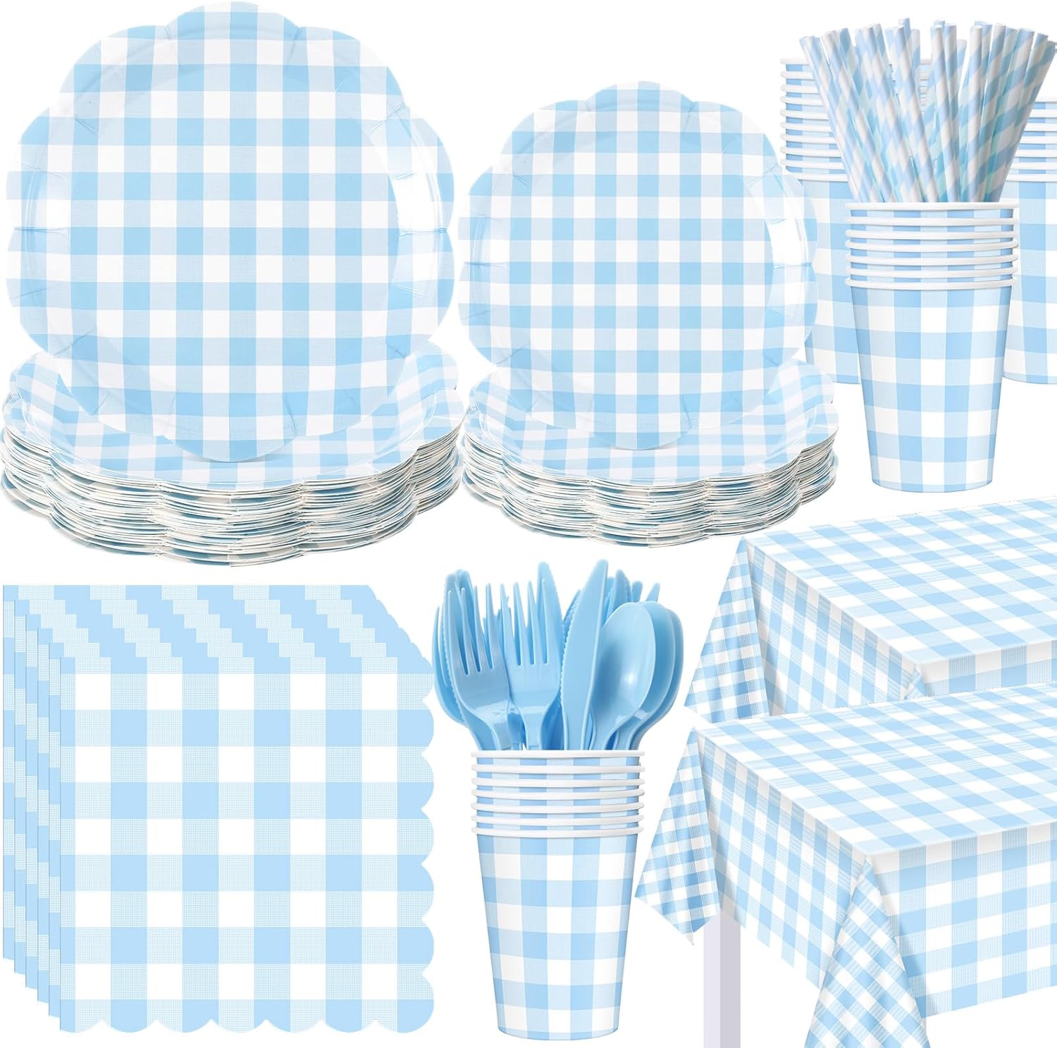 452 Pcs Blue Gingham Party Supplies for 50 Guests Include White and Blue Checkered Paper Plates Napkins Cups Tablecloth Cutlery Straws for Birthday Baby Shower Wedding Party Decorations
