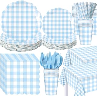 Funnymoom 452 Pcs Blue Gingham Party Supplies for 50 Guests Include White and Blue Checkered Paper Plates Napkins Cups Tablecloth Cutlery Straws for Birthday Baby Shower Wedding Party Decorations