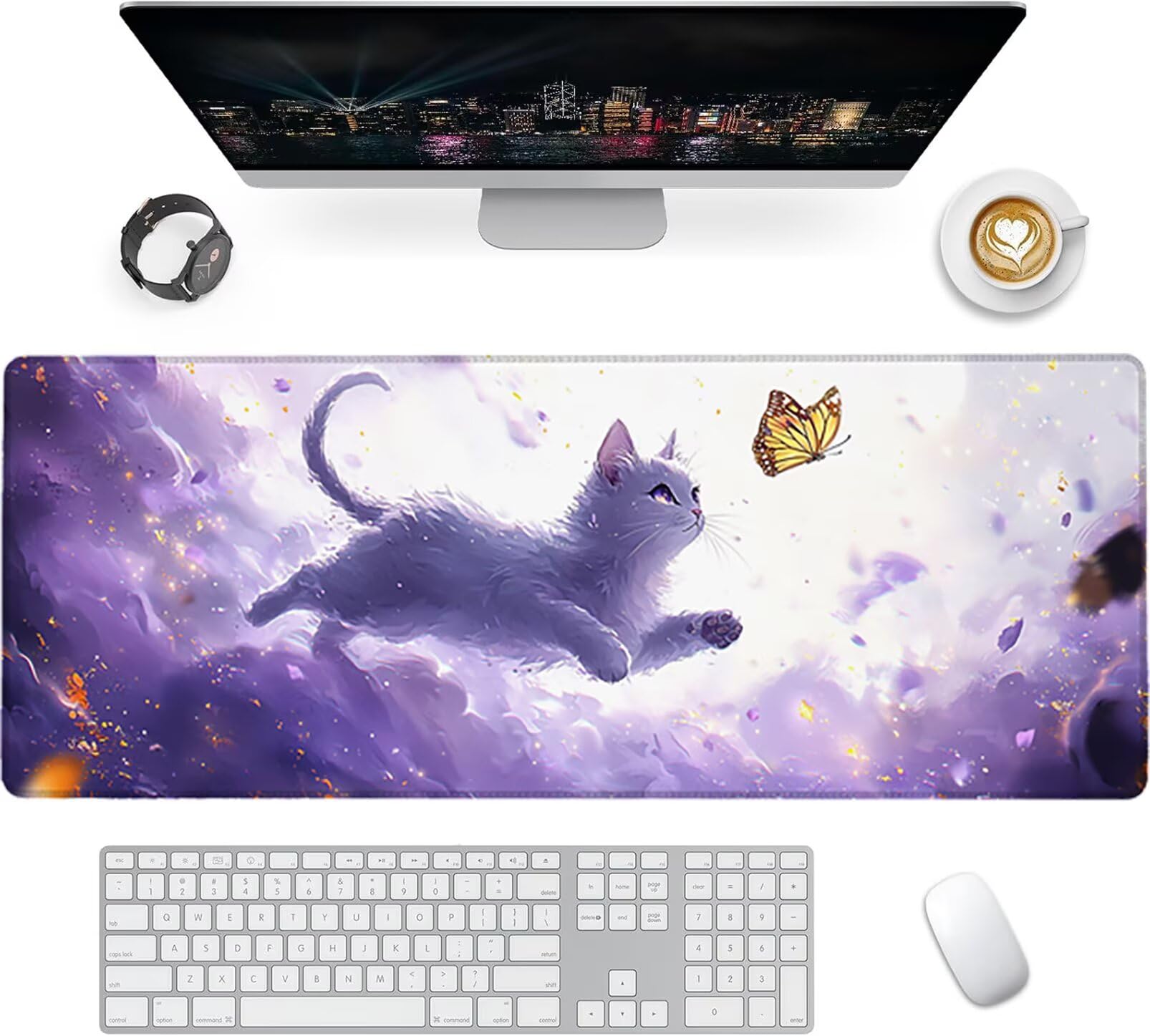 Lpfieonn Katze Großes Schreibtischunterlage, XXL Schreibtischunterlagen, Schmetterling XXL Wasserdicht Gaming Mousepad mit Vernähter Rand und Rutschfeste Gummibasis, für Hause/Büro 120x60cm PF-2825