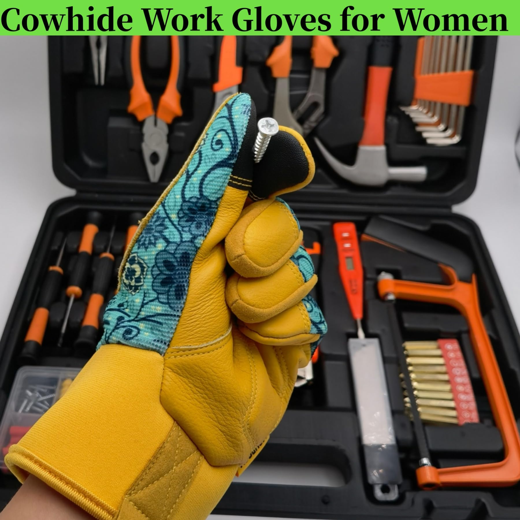Guantes de jardinería para mujer, guantes de trabajo de cuero para hombres y mujeres, guantes de conductor, guantes de trabajo de seguridad (patrón azul clásico, L)
