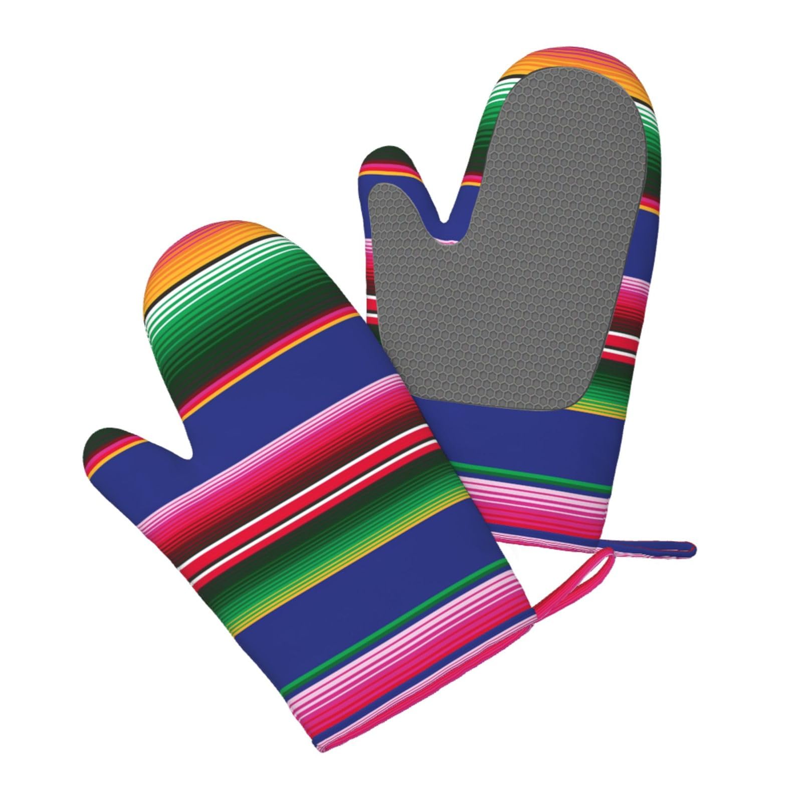 Silicone Oven Mitts Set 2PCS, Colorful Mexican Stripes Printed Heat Resistant Non-Slip Silicone Oven Gloves for Kitchen Cooking Baking Microwave